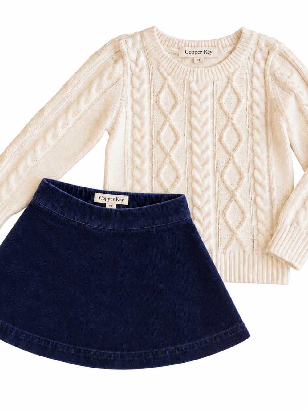 Copper Key Cream Cable Knit Sweater with Navy Skirt Set
